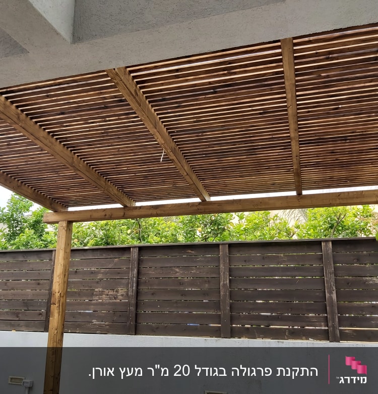 פרגולה מעץ עם קורות אופקיות בגינה